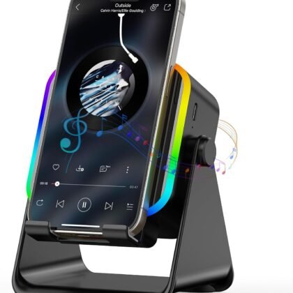 Wireless Induction Portable Bluetooth Speaker - 5 in1 Bluetooth Speaker Phone Stand with Colorful Ambient Light 360° Rotation Compatible with Most Phones - Unique Birthday Gift for Men Women Adults