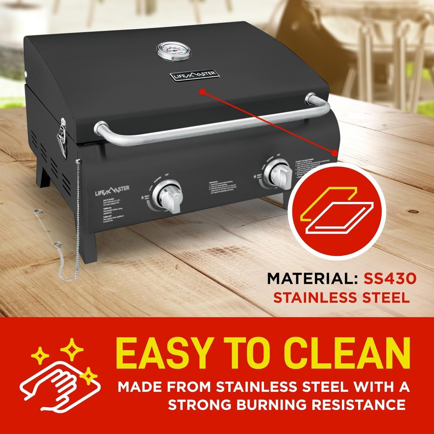 Black Portable Gas Grill, Dual 10,000 BTU Burners, 275 Sq.In Cooking Space, Push-to-Start Ignition, Wind-Proof Lid with Built-in Thermometer, Perfect for Camping Tailgates & Backyard BBQ Cookouts - Image 4