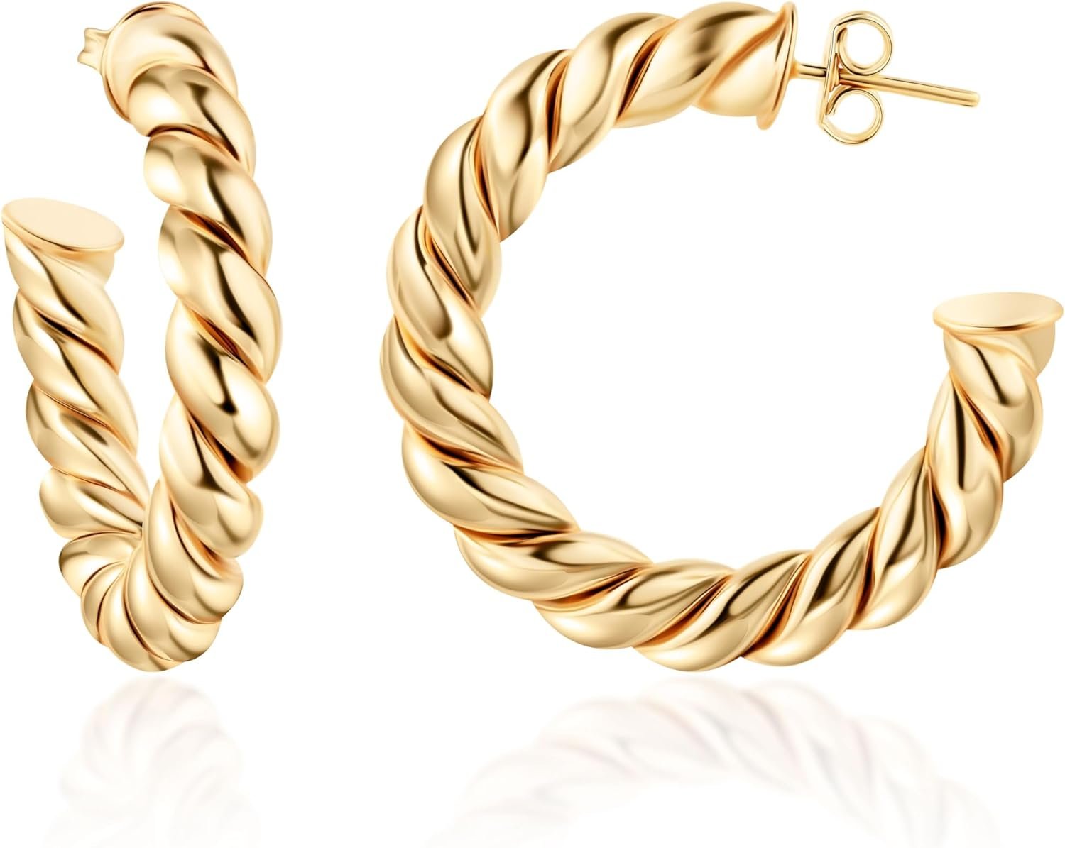Barzel 18k Gold Plated Chunky Twisted Hoop Earrings, 5mm Thick, 10-40mm Sizes, Open Hoop Earrings for Women