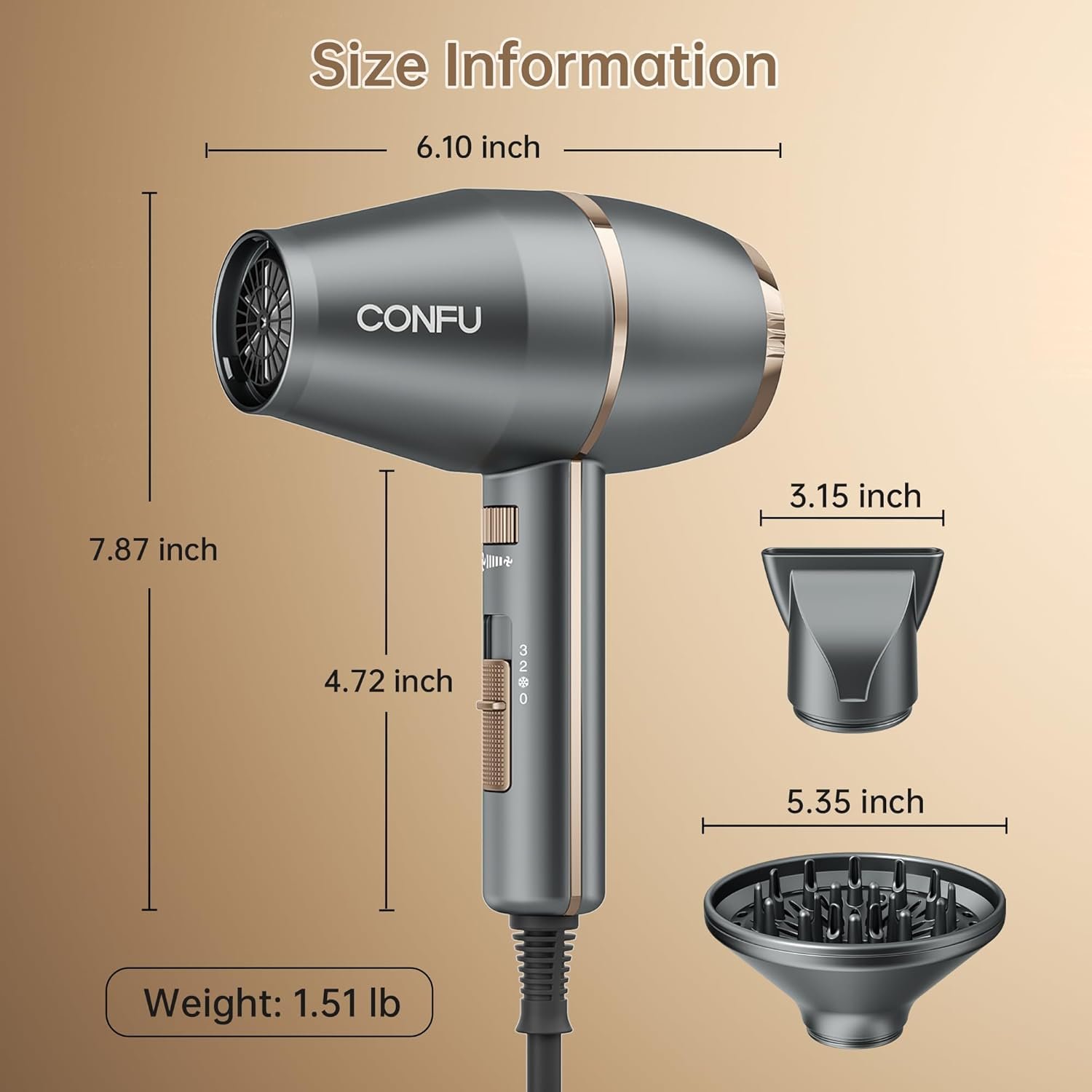 CONFU Blow Dryer Professional Hairdryer - 1875 Watt Powerful Blowdryer Fast Drying for Women & Men - Salon Ionic Hair Dryer with Diffuser for Curly & Wavy Hair (7.7ft Cord) - Image 6