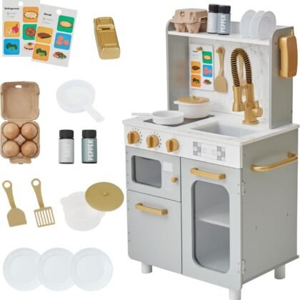 Teamson Kids Little Chef Memphis Wooden Play Kitchen for Toddlers with 16 Accessories, Realistic Pretend Cooking Set with Microwave Oven Sink Faucet Storage for Kids Ages 3+ Gray Gold Marble