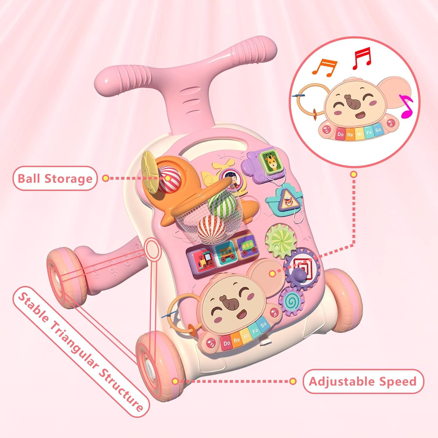 QDRAGON 3 in 1 Baby Walker and Activity Center for Girl, Learning to Walk, Sit to Stand, Early Educational Push Toys with Music Panel for Infant Toddler 12+ Months Pink - Image 8