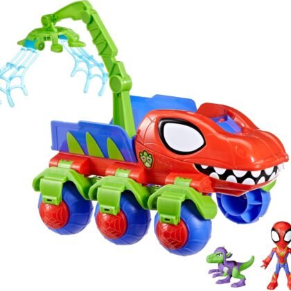 Spidey and his Amazing Friends Marvel Dino-Webs Crawler Toy Car Playset, Spider-Man & Goblin Raptor 4-Inch Action Figures, Kids Ages 3 & Up