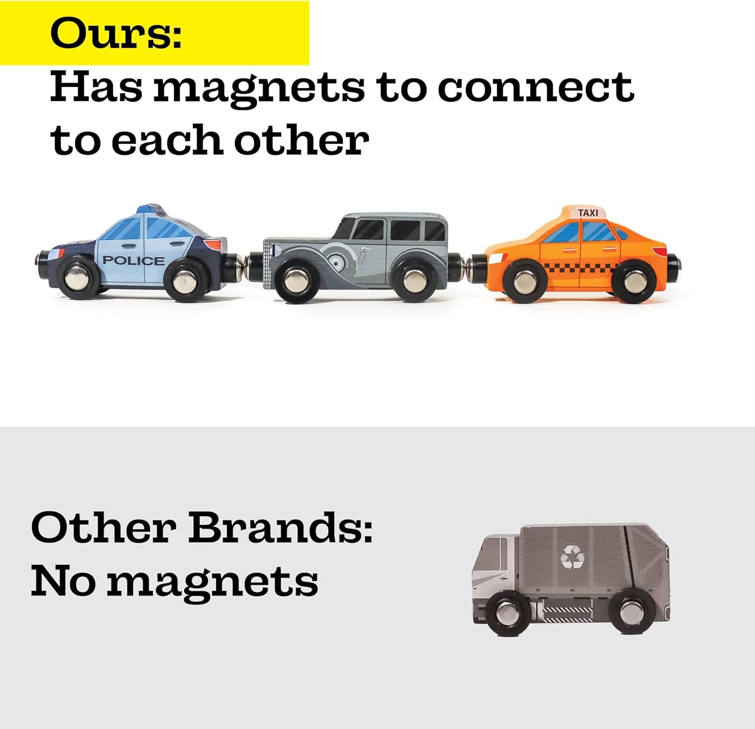 9 Piece Wooden Cars with Magnets - City Vehicles, Emergency Trucks, School Bus, Police, Fire, Ambulance, Taco Truck Toy - Community Helpers Play Set - Zany Trains - Image 2