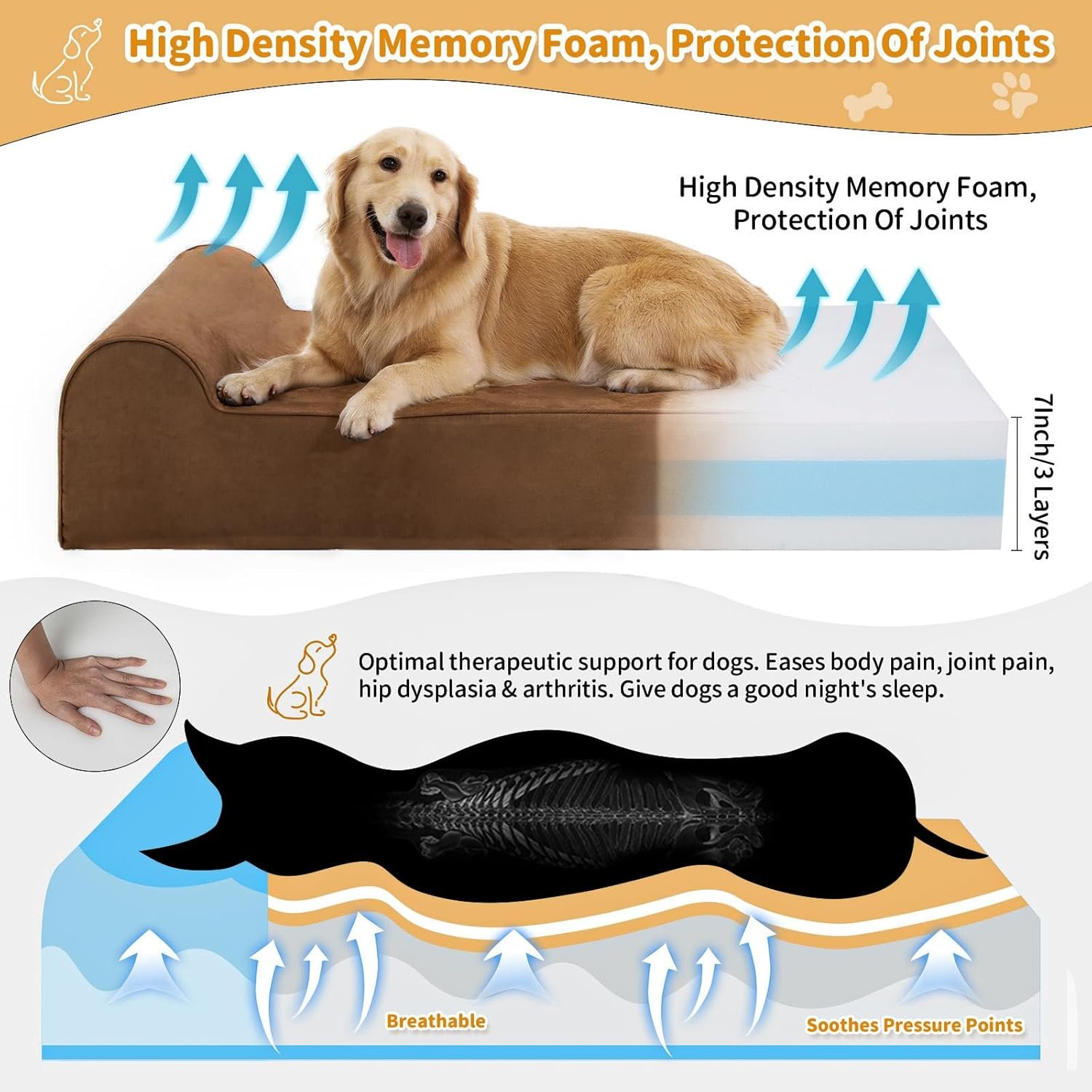 Orthopedic Dog Beds for Large Dogs, 7" Memory Foam Dog Beds with Waterproof Liner, Chew Proof Microsuede Cover, Removable and Washable, Nonskid Bottom, 48"x30"x7" L Chocolate - Image 2