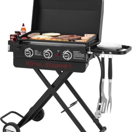Royal Gourmet PD3001 3-Burner Propane Gas Griddle with Collapsible Stand, 23-Inch Portable Griddle with Side Table & 314 Sq. In. Cooking Area for Camping, Tailgating, Backyard & Patio, Black