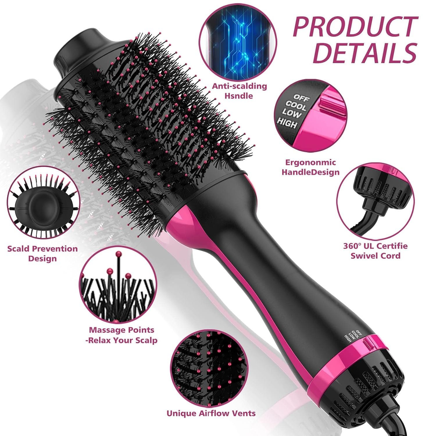 Hair Dryer Brush, 4 in 1 One Step Hair Dryer and Styler Volumizer, Professional Hot Air Brush with Negative Ion Anti-frizz Blowout for Drying, Straightening, Salon, Black Pink - Image 7