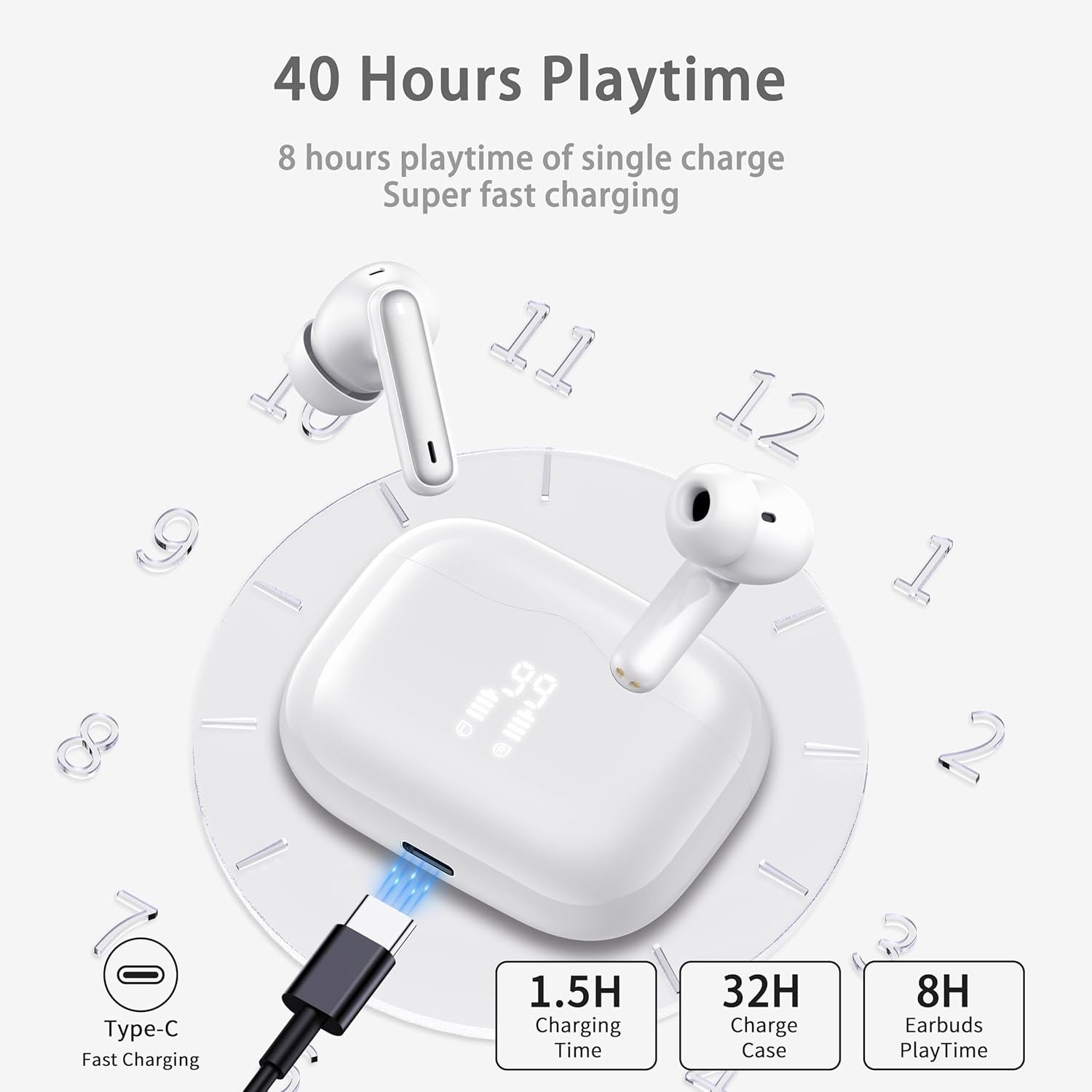 Wireless Earbuds, Bluetooth 5.4 Headphones in Ear with 4 ENC Noise Cancelling Mic, New Wireless Earphones HiFi Stereo Deep Bass 40H Playtime, In-Ear Bluetooth Earbuds LED Display IP7 Waterproof, White - Image 6