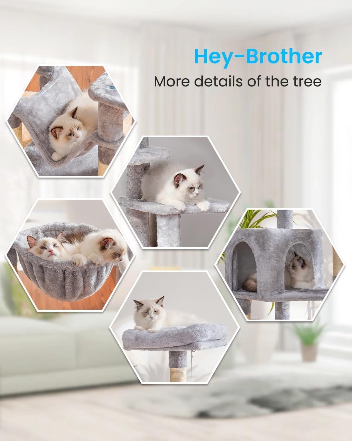 Hey-brother Cat Tree with Large Hammock, Multi-Level Cat Tower for Indoor Cats, Cat Condo with Sisal-Covered Scratching Posts and Top Perch, Light Gray MPJ050W - Image 4