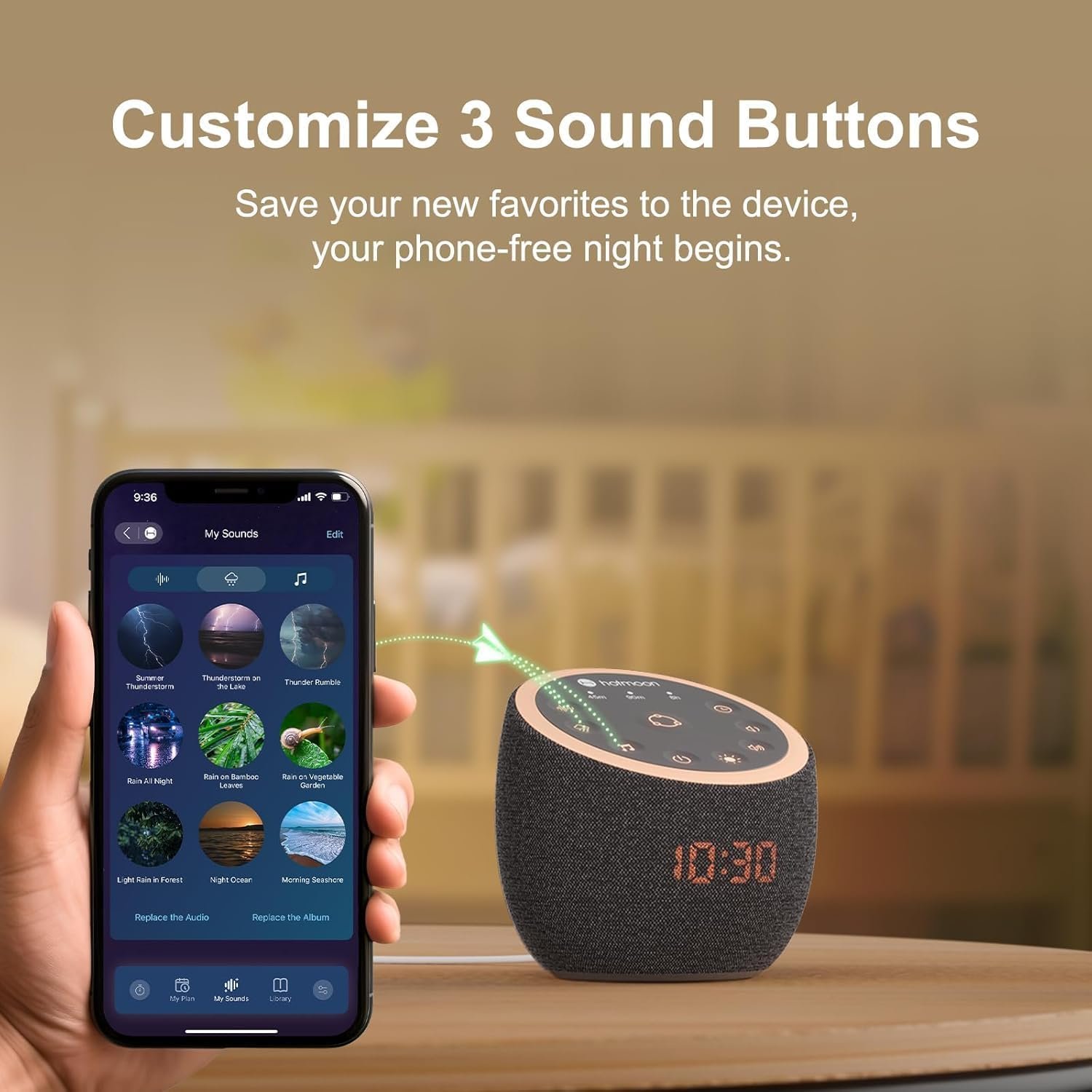 Hotmoon Sound Machine, Cocoon Pro 2 White Noise Machine for Sleeping Adults, 388 Non Looping Sounds & Sleep Timer, Smart App Control Night Light, Nature Sound Pink Green Brown Noise Maker, Plug in - Image 4