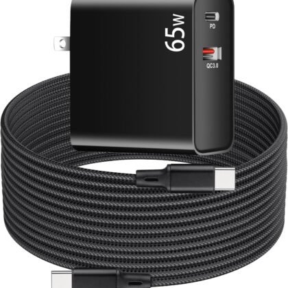 PD 65W USB C Super Fast VR Charger Compatible with Meta Oculus Quest 3s, Quest 3 2 - Dual Port USB + Type C Adapter with 6.6ft C to C Charging Cable for Pico 4 Ultra VR Headsets, Black