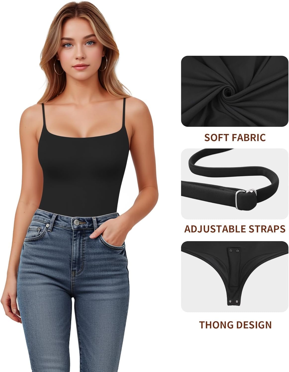 MANGOPOP Women's Cami Thong Bodysuit Double Lined Square Neck Backless Body Suit Adjustable Spaghetti Strap Tank Tops - Image 4