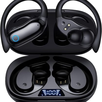 GNMN Active Noise Cancelling Ear Buds Wireless Earbuds 96hrs Playback Bluetooth Headphones Dual Battery Display Stereo Bass Earphones with Earhooks Microphone IPX7 Waterproof for Sports/Workout