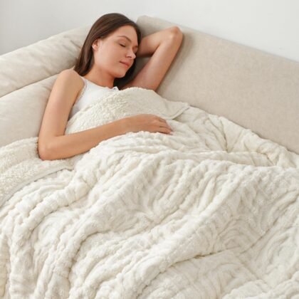 Wemore Jacquard Fleece Weighted Blanket Queen Size 60" x 80" 15lbs, Ultra Soft Cozy Sherpa Weighted Blankets for Adults, Ultra Fuzzy Heavy Blanket for Sleep, Fluffy Warm Throw for Bed, Cream White