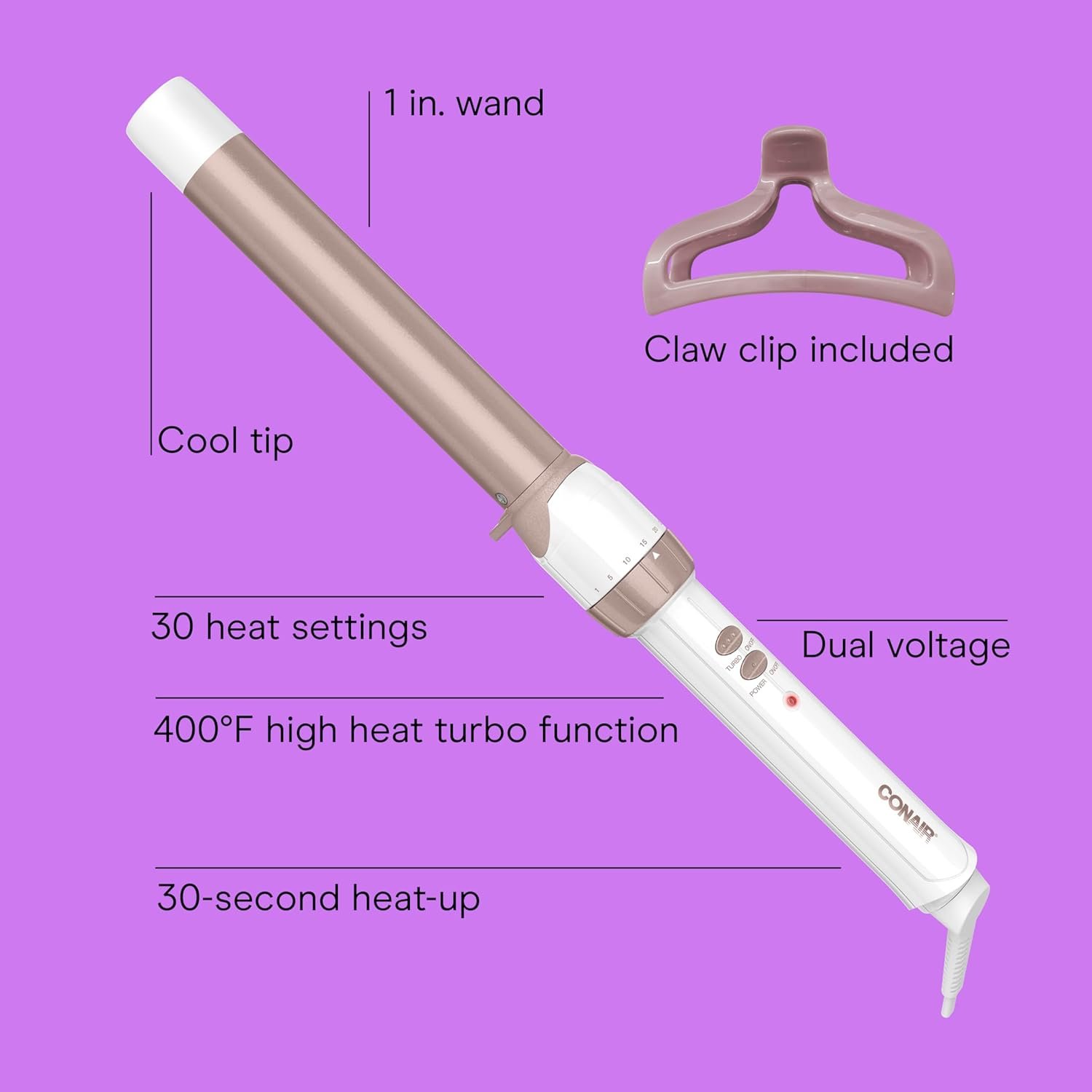Conair Double Ceramic 1-Inch Curling Wand with Claw Clip, Produces Flawless Waves, Curling Iron for Use on Medium and Long Hair, 30 Heat Setting Curling Iron, White - Image 2