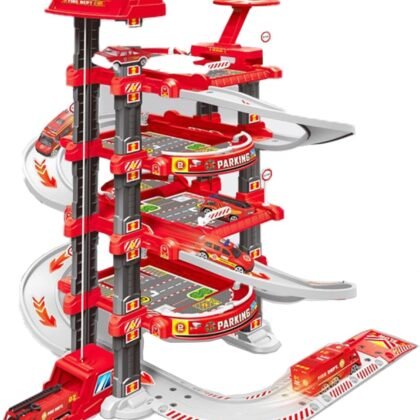 Ultimate Garage Track Set Compatible with Hot Wheels Cars with 2 Toy Cars and 1 Helicopter, with Multi-Level Side-by-Side Racetrack（Firefighting Main Track）