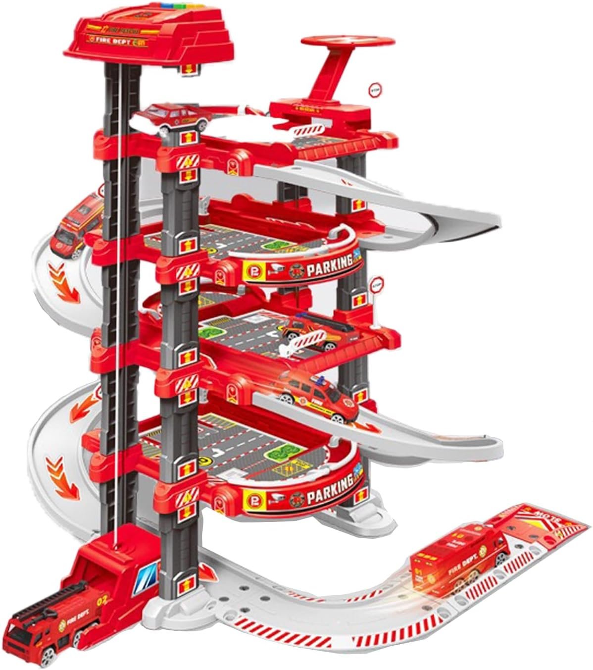 Ultimate Garage Track Set Compatible with Hot Wheels Cars with 2 Toy Cars and 1 Helicopter, with Multi-Level Side-by-Side Racetrack(Firefighting Main Track)