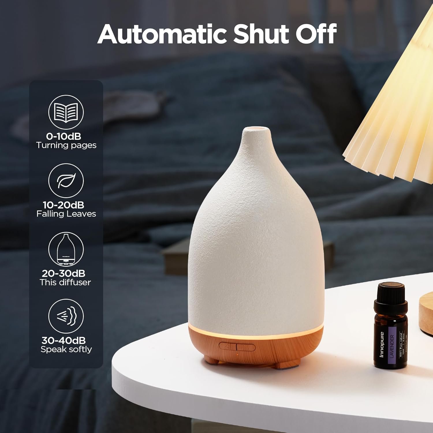 InnoGear Oil Diffuser, 150ML Ceramic Diffuser for Essential Oils Handcrafted Aromatherapy Diffuser Ultrasonic Cool Mist Humidifier with 2 Mist Modes Waterless Auto Off for Room Office, White - Image 9