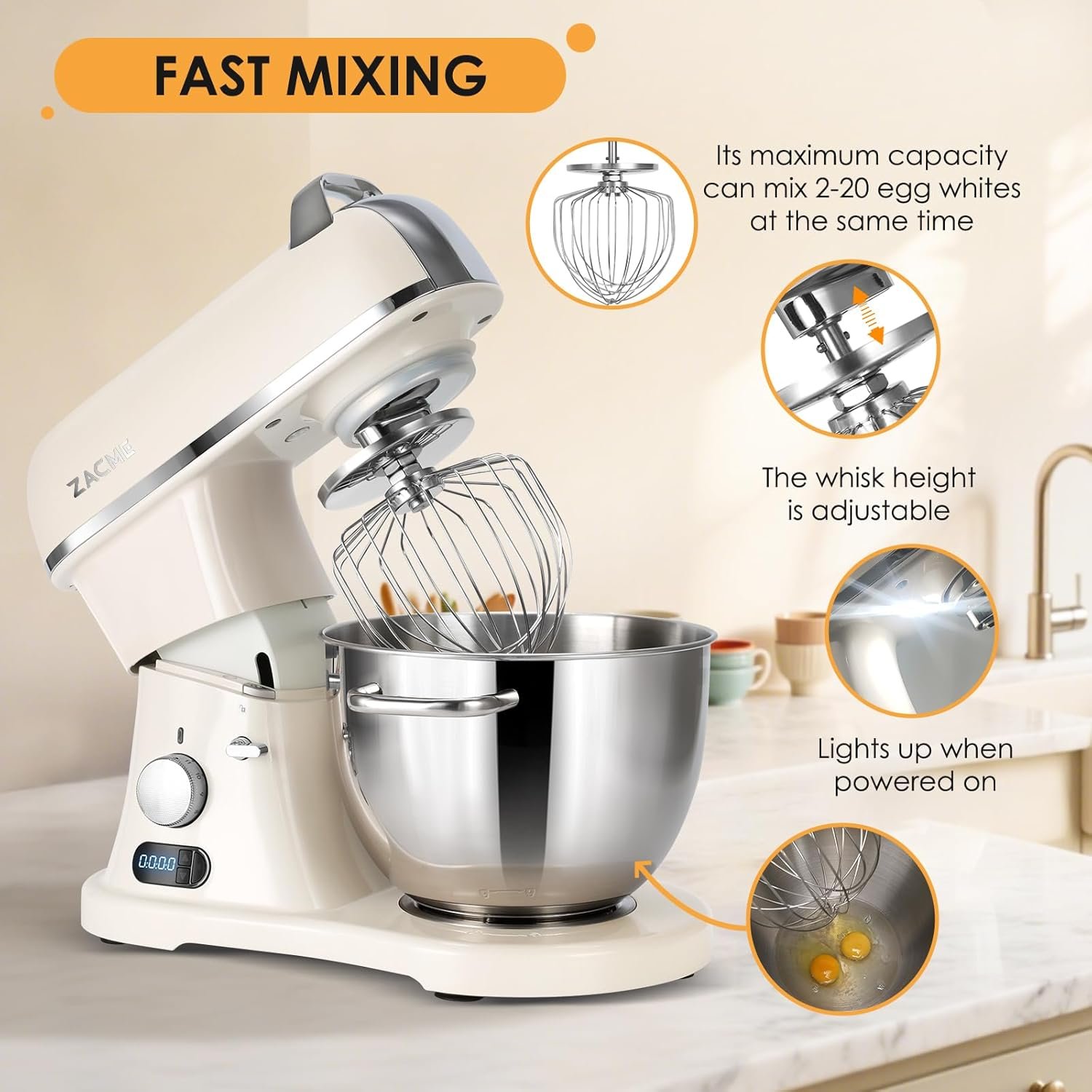 8.4QT Commercial Stand Mixer 800W with Aluminum Die Casting Meets the Standard of NSF/ANSI 8-2023, Mixers Kitchen Electric Stand Mixer with Stainless Steel 8L Bowl, Dough Hook, Whisk and Beater - Image 5