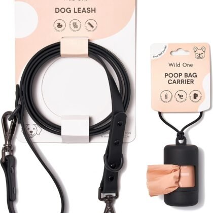 Wild One Nylon Adjustable Length Leash 5.5 Feet and Poop Bag Carrier Set, Waterproof, Odor Resistant, Black