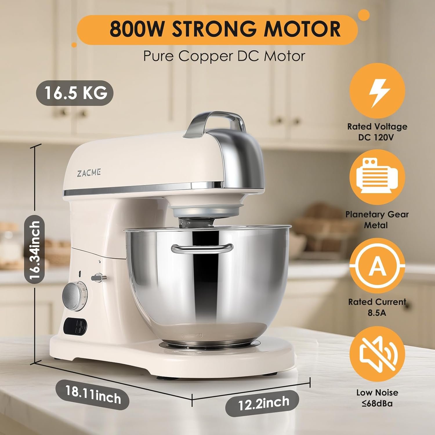 8.4QT Commercial Stand Mixer 800W with Aluminum Die Casting Meets the Standard of NSF/ANSI 8-2023, Mixers Kitchen Electric Stand Mixer with Stainless Steel 8L Bowl, Dough Hook, Whisk and Beater - Image 7