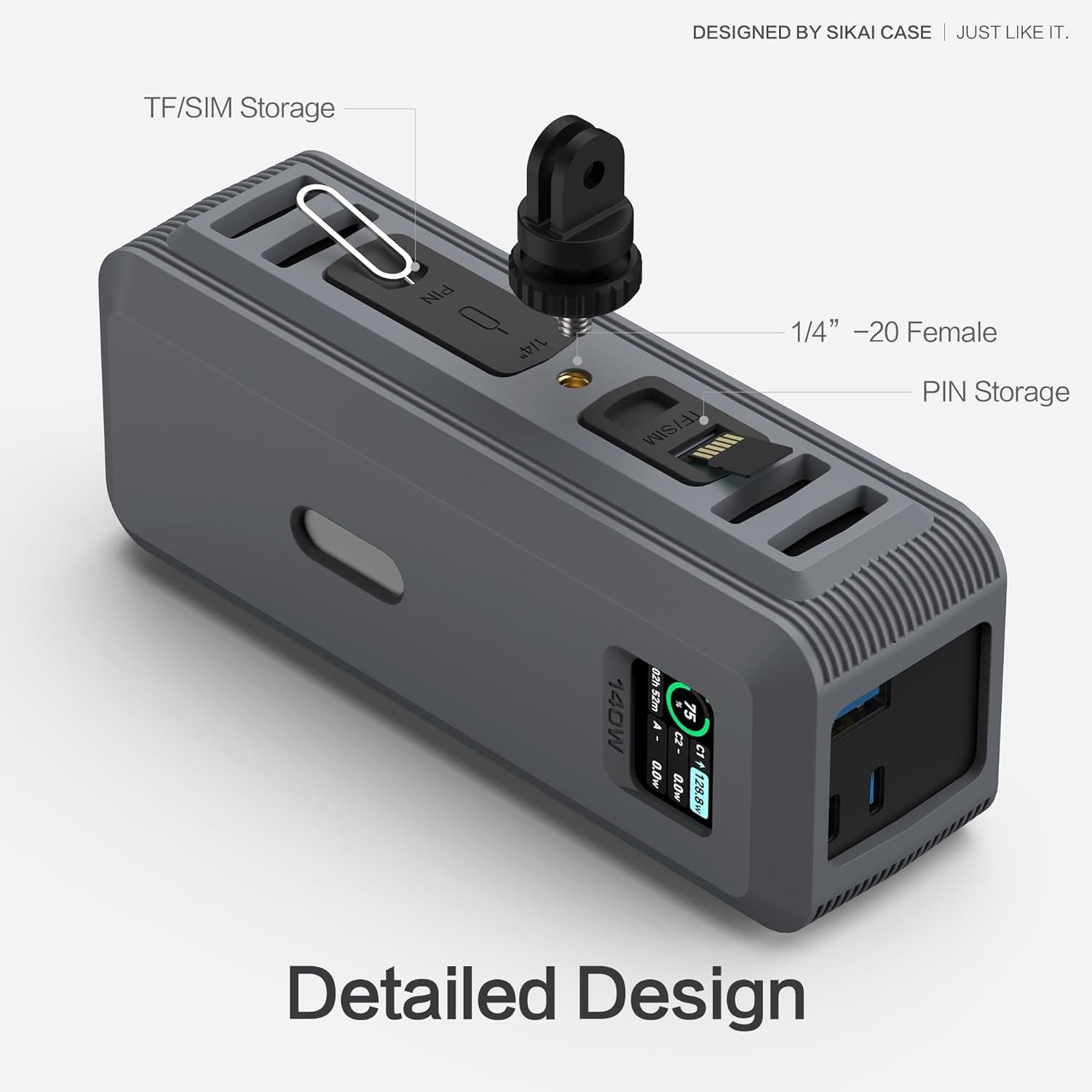 Silicone Case for Anker 737 Power Bank (24,000mAh 3-Port) 1/4-inch nut Hole, SD/SIM Card Storage Reserved Compatible with Anker 737 Power Bank Travel Protective Cover Dustproof with Handle (Gray) - Image 6