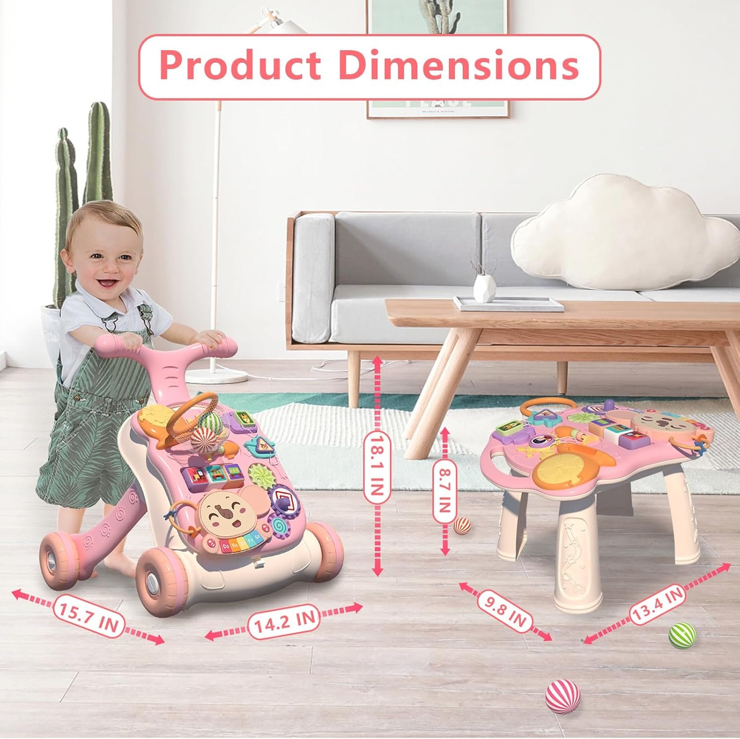 QDRAGON 3 in 1 Baby Walker and Activity Center for Girl, Learning to Walk, Sit to Stand, Early Educational Push Toys with Music Panel for Infant Toddler 12+ Months Pink - Image 7