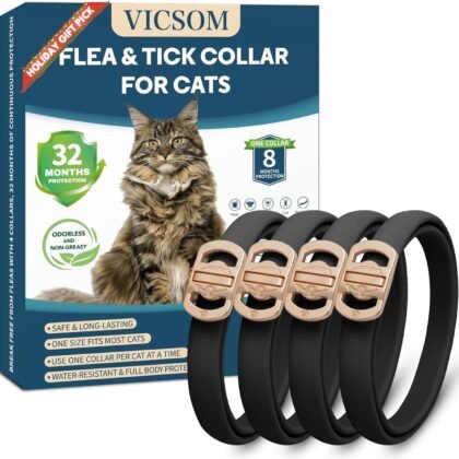 Flea and Tick Collar for Cats - 4 Pack, 32 Month Protection Treatment, Waterproof, Natural Prevention, Adjustable for Cats & Kittens (Black)