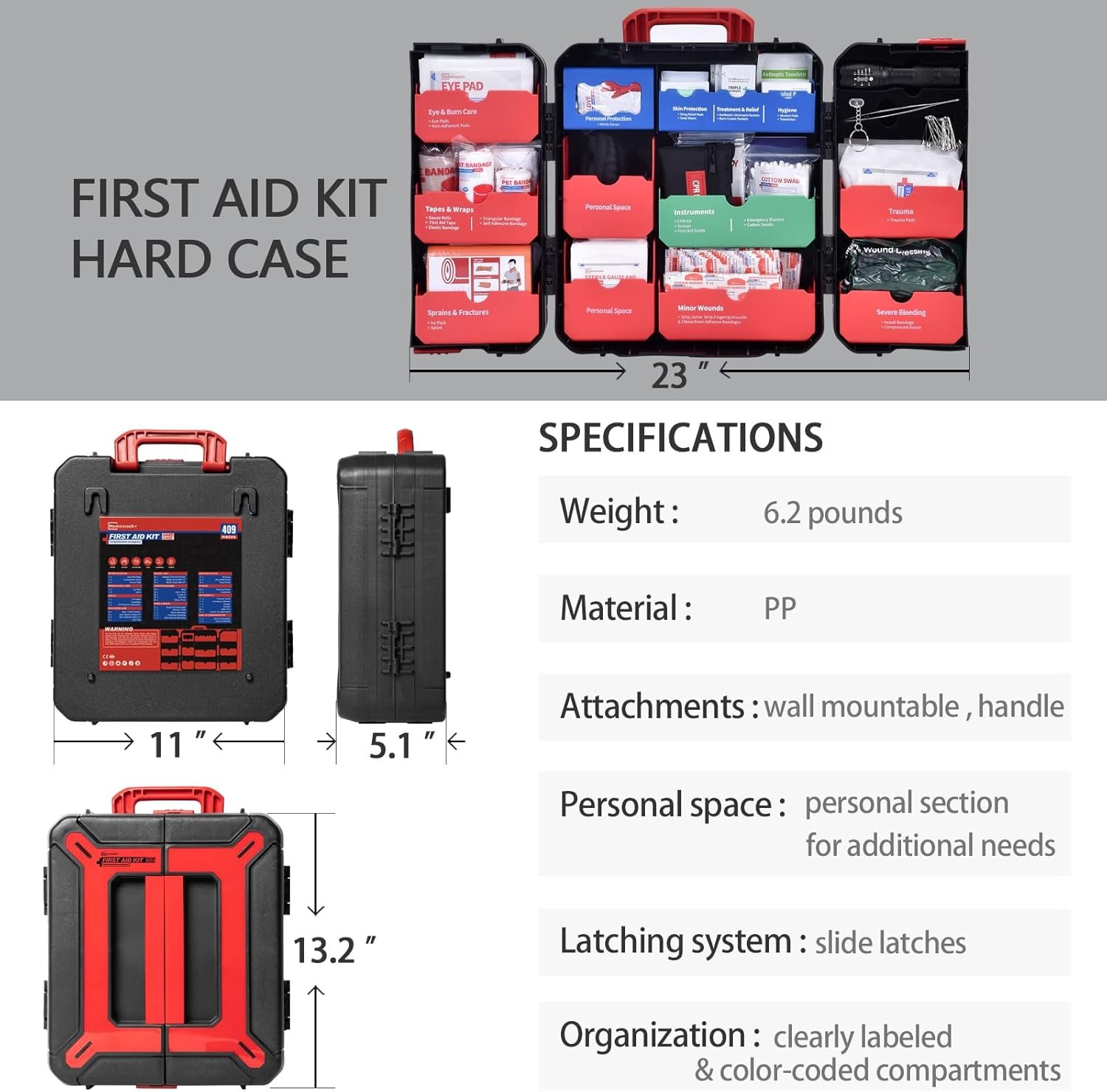 Hard Case First Aid Kit 408 Pcs - Wall Mountable Trauma Kit for Car, Home, Office & Truck - Comprehensive Large First Aid Supplies with Color-Coded Labelled Compartments - Image 2