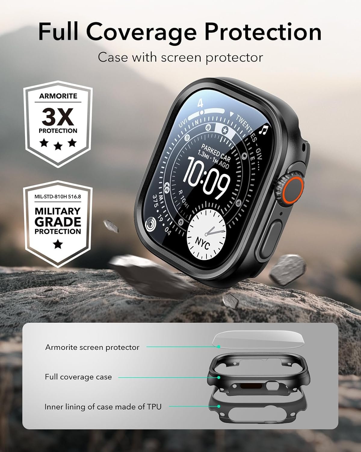 ESR for Apple Watch Ultra 3 /Ultra 2 /Ultra Case with Screen Protector 49mm (2025) Military Grade Protection, Aluminum Alloy Case with 2 Pack Armorite Glass Protector Set, Stay Original, Black - Image 6