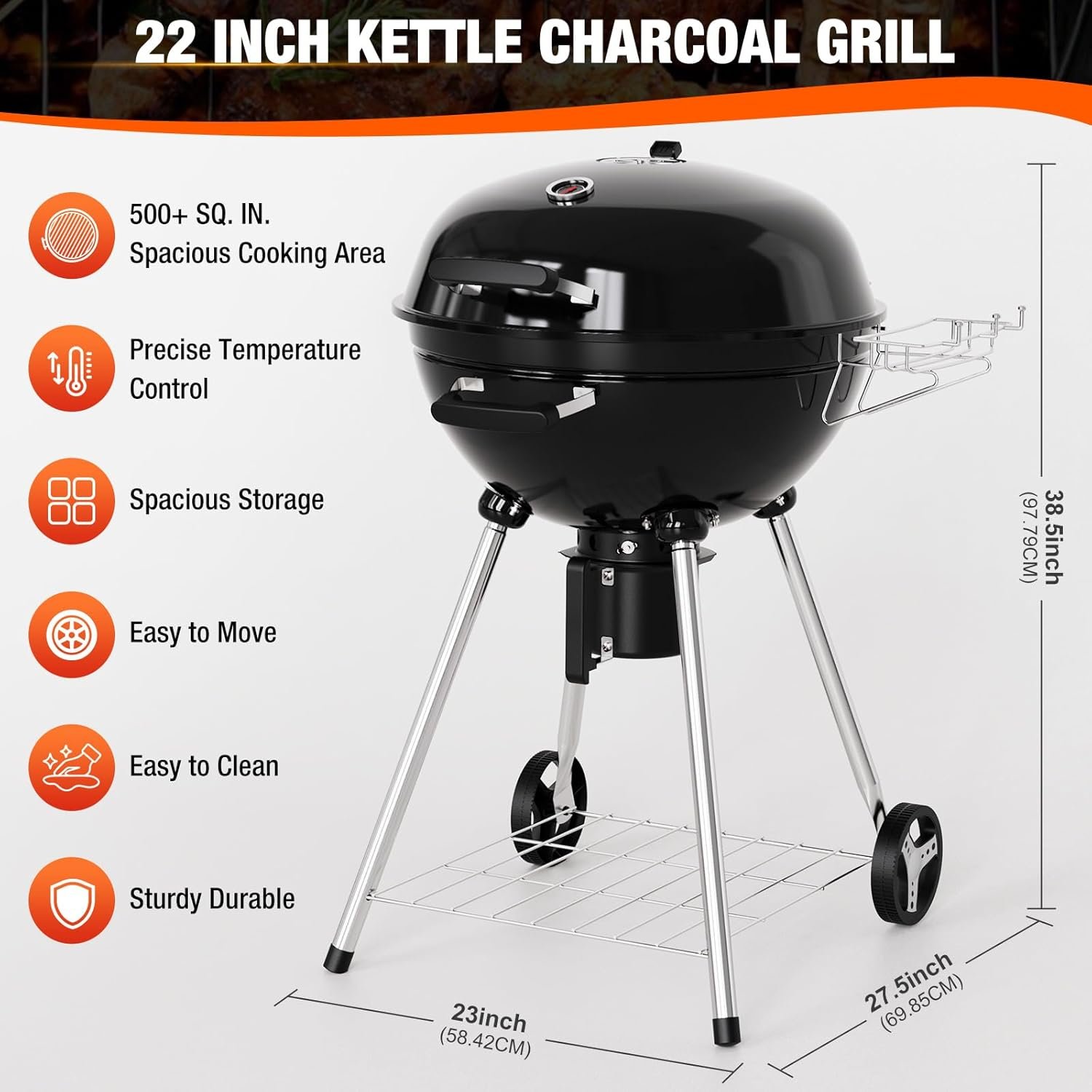 22 inch Premium Charcoal Grill, Kettle Barbecue and Smoker Grills 500+ Sq. In. Cooking Area for Outdoor BBQ, Tailgating and Patio, Black - Image 3