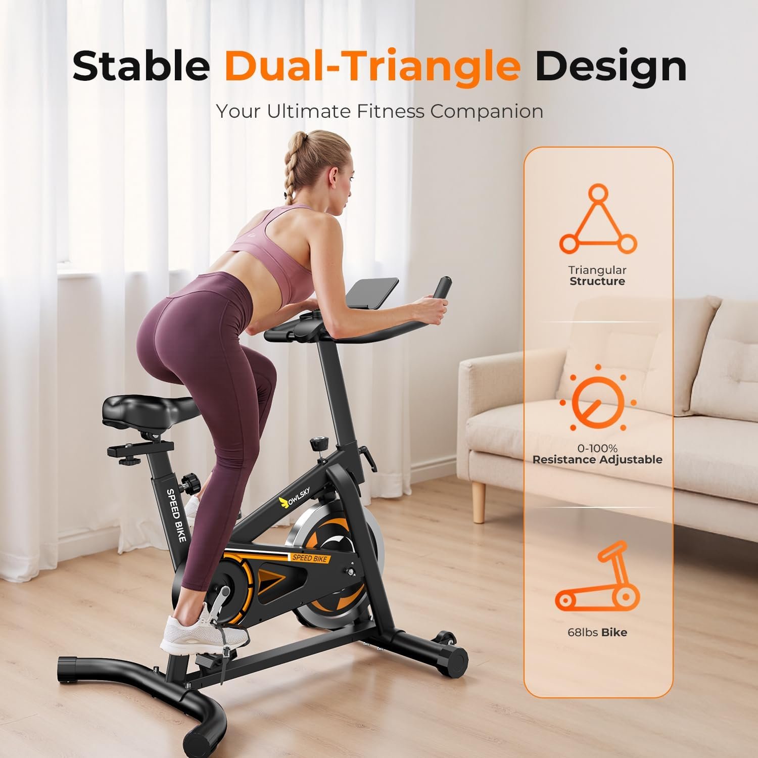 OWLSKY Exercise Bike with APP, Magnetic Resistance Indoor Cycling Bike, 300 lbs Capacity Quiet Stationary Bike for Home Gym Cardio Workout, Adjustable Seat & Tablet Holder - Image 8