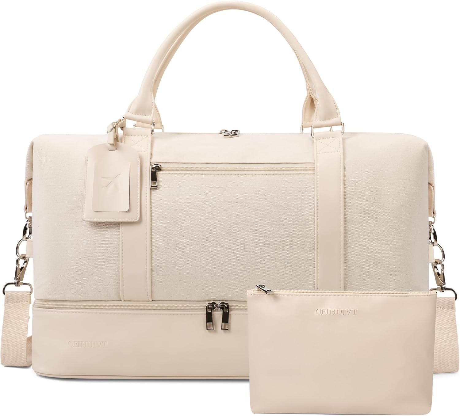 Oeihuivt Weekender Bags for Women - 21 Inch Large Travel Duffel Bag 2-Piece Set with Shoe Compartment, Heavy-Duty Canvas Leather Carry On Overnight Tote