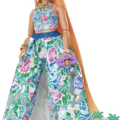 Barbie Extra Fancy Fashion Doll & Accessories with Curvy Shape & Orange Hair in Floral 2-Piece Gown with Pet Kitten
