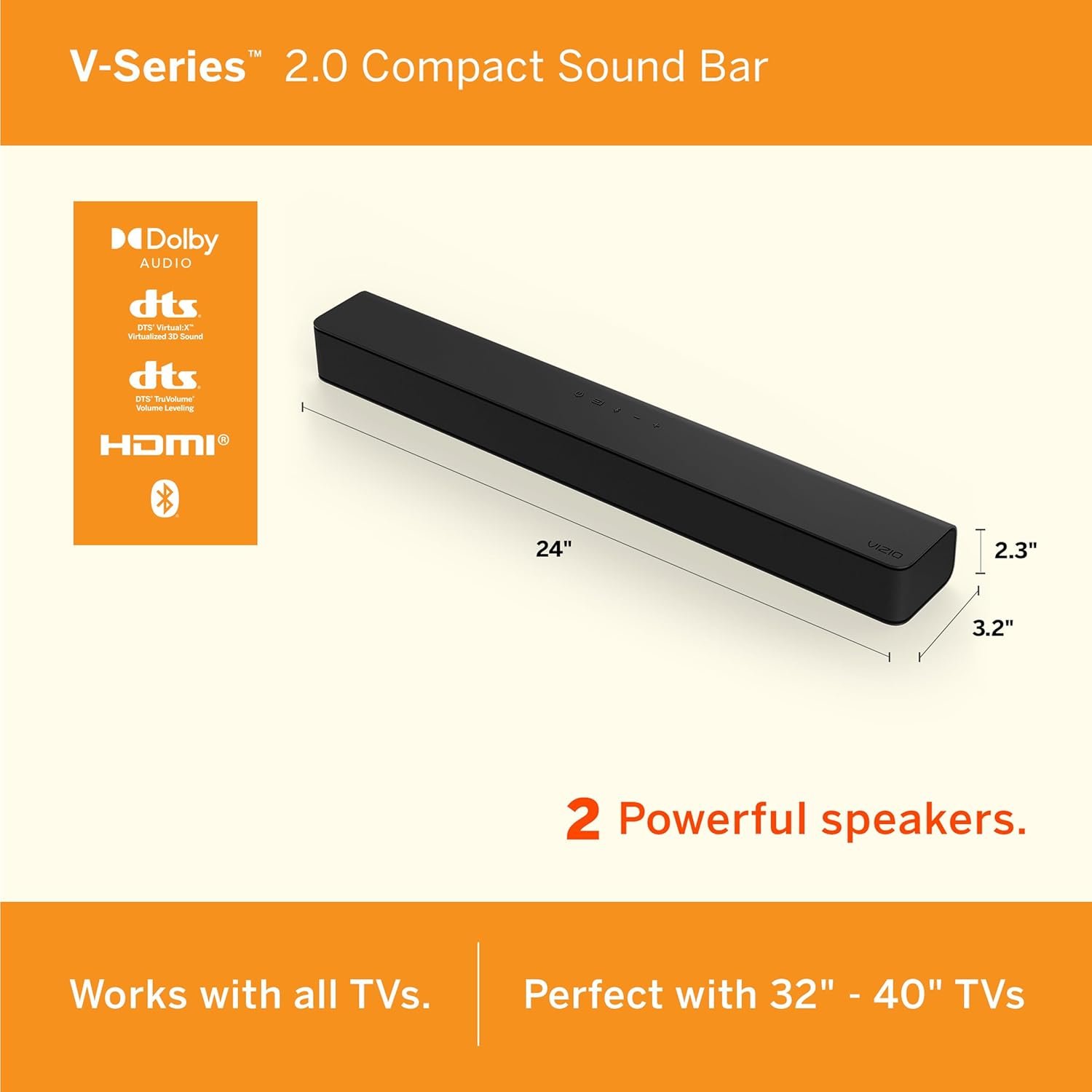 VIZIO V-Series 2.0 Compact Sound Bar with Dolby Audio, DTS:X, Bluetooth V20x-J8 - Image 2