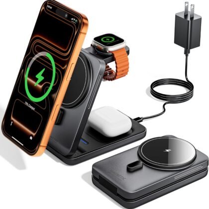 KPON for Magsafe Travel Charging Station, 3 in 1 Foldable Magnetic Phone Charger Stand for Apple, Wireless Charging Dock for Multiple Devices iPhone 17 16 15 14 13 12 Series/Apple Watch/Airpods