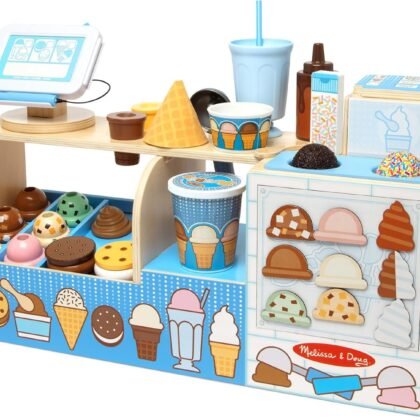 Melissa & Doug Cool Scoops Ice Creamery, Wooden Ice Cream Shop & Counter with Play Food & Play Kitchen Accessories, Preschool Learning Toys for Girls & Boys 3+ - FSC Certified