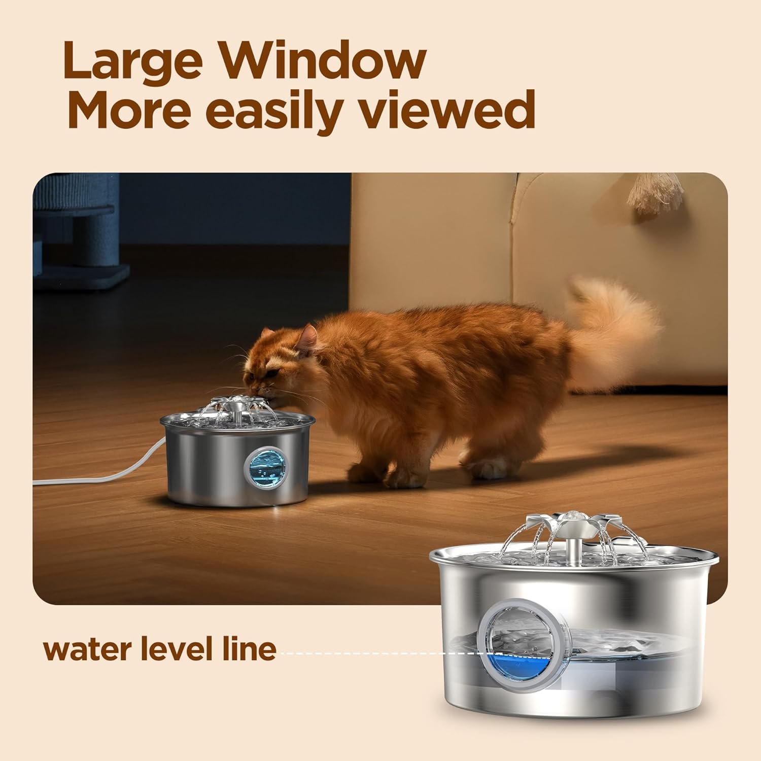 Stainless Steel Cat Water Fountain: 88oz/2.6L Ultra Quiet Pet Fountain with Flower Kitty Spout & LED Blue Light Water Dispenser with Water Level Window for Cats/Dogs Indoor (Silver) - IHOUONE - Image 6