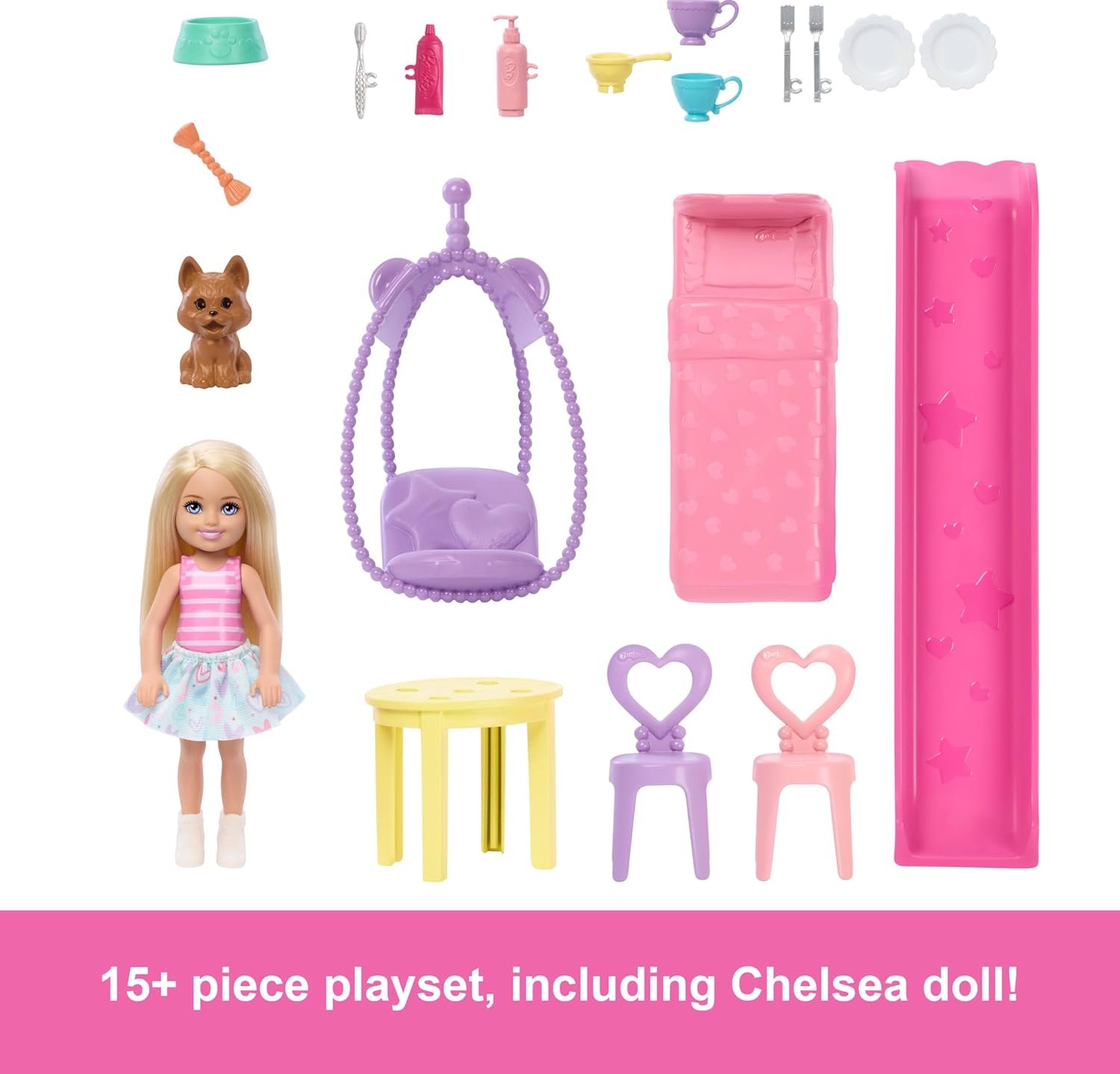 Barbie Chelsea Toy Dollhouse with 15+ Accessories, Pop-Up House Expands to 17+ x 13+ inches with 5 Play Areas & Slide, Includes Small Doll & Pet Dog - Image 3