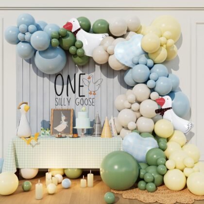 One Silly Goose Balloon Arch Kit with Walking Goose and Gingham Foil Balloons for Boys Girls Silly Goose Birthday Baby Shower Vintage Pink Blue Green Yellow Gingham Party Decorations (Blue)