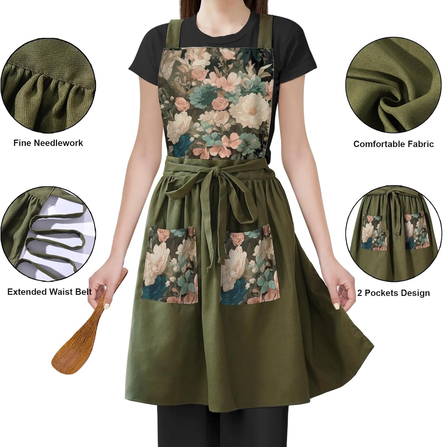 Vintage Cute Apron Dress for Women with Pockets,Cross Back Pinafore Aprons for Cooking,Baking,Kitchen,Gardening - Image 4