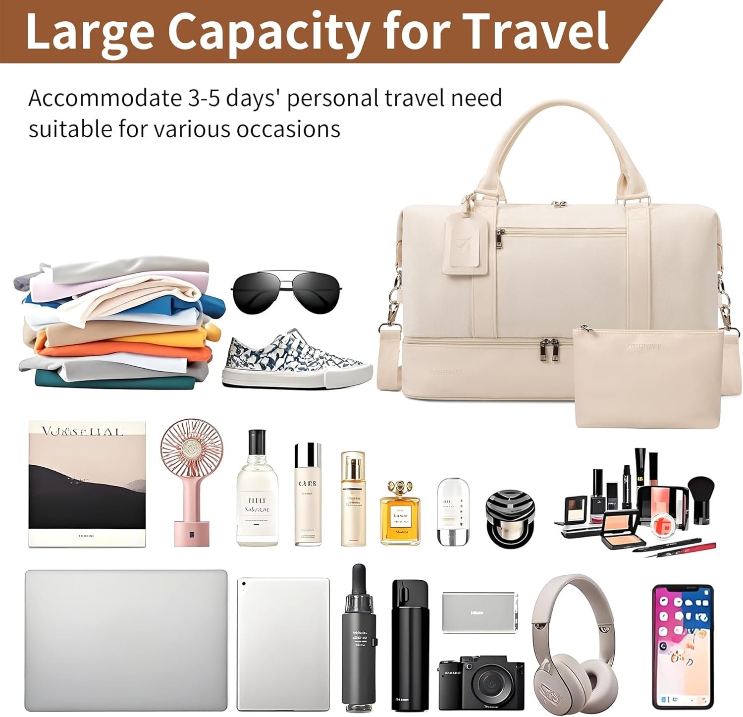 Oeihuivt Weekender Bags for Women - 21 Inch Large Travel Duffel Bag 2-Piece Set with Shoe Compartment, Heavy-Duty Canvas Leather Carry On Overnight Tote - Image 2