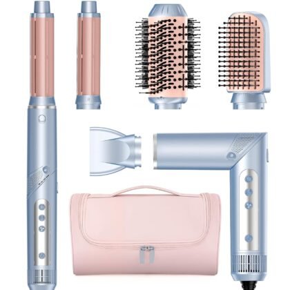 Hot Air Multi-Styler - 5 in 1 Professional Hair Wrap Styler Set with Air Curlers, Hair Dryer Brush, Straightener, Concentrator for Fast Drying Curling Straightening, Travel Case Included