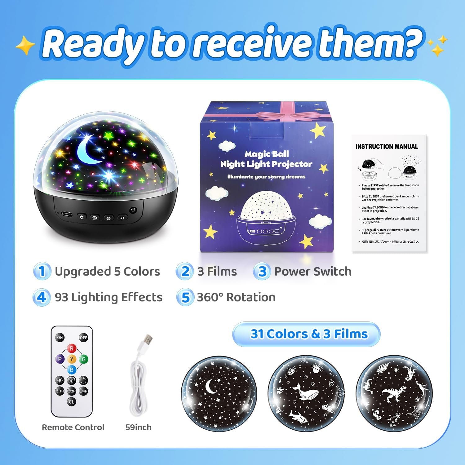 COOLNIGHT Night Light for Kids,93 Lighting+3 Films Kids Night Light Projector,Remote+Dimmable Star Projector,360° Ceiling Stars Glow in The Dark Stars,Christmas Gifts for 4 Year Old Boy Birthday Gift - Image 8