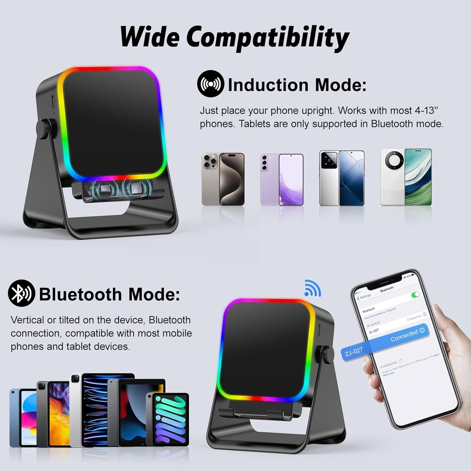 Wireless Induction Portable Bluetooth Speaker - 5 in1 Bluetooth Speaker Phone Stand with Colorful Ambient Light 360° Rotation Compatible with Most Phones - Unique Birthday Gift for Men Women Adults - Image 2