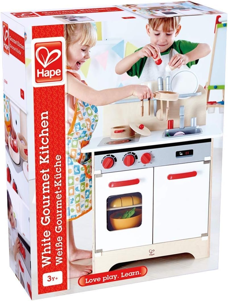 Hape Gourmet Kitchen Toy Fully Equipped Wooden Pretend Play Kitchen Set with Sink, Stove, Baking Oven, Cabinet, Turnable Knobs & Spice Shelf, Red - Image 6