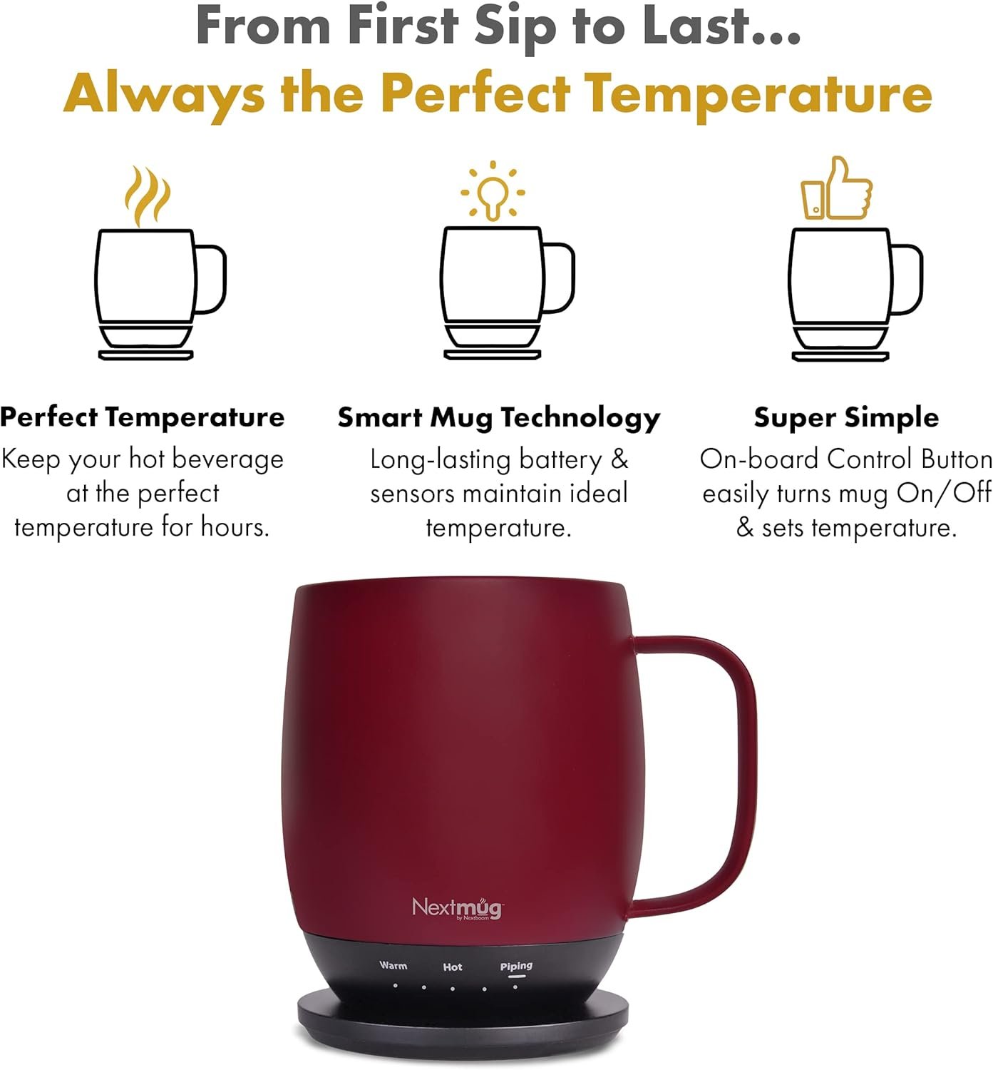 Nextmug - Temperature-Controlled, Self-Heating Coffee Mug (Burgundy - 14 oz.) - Image 2