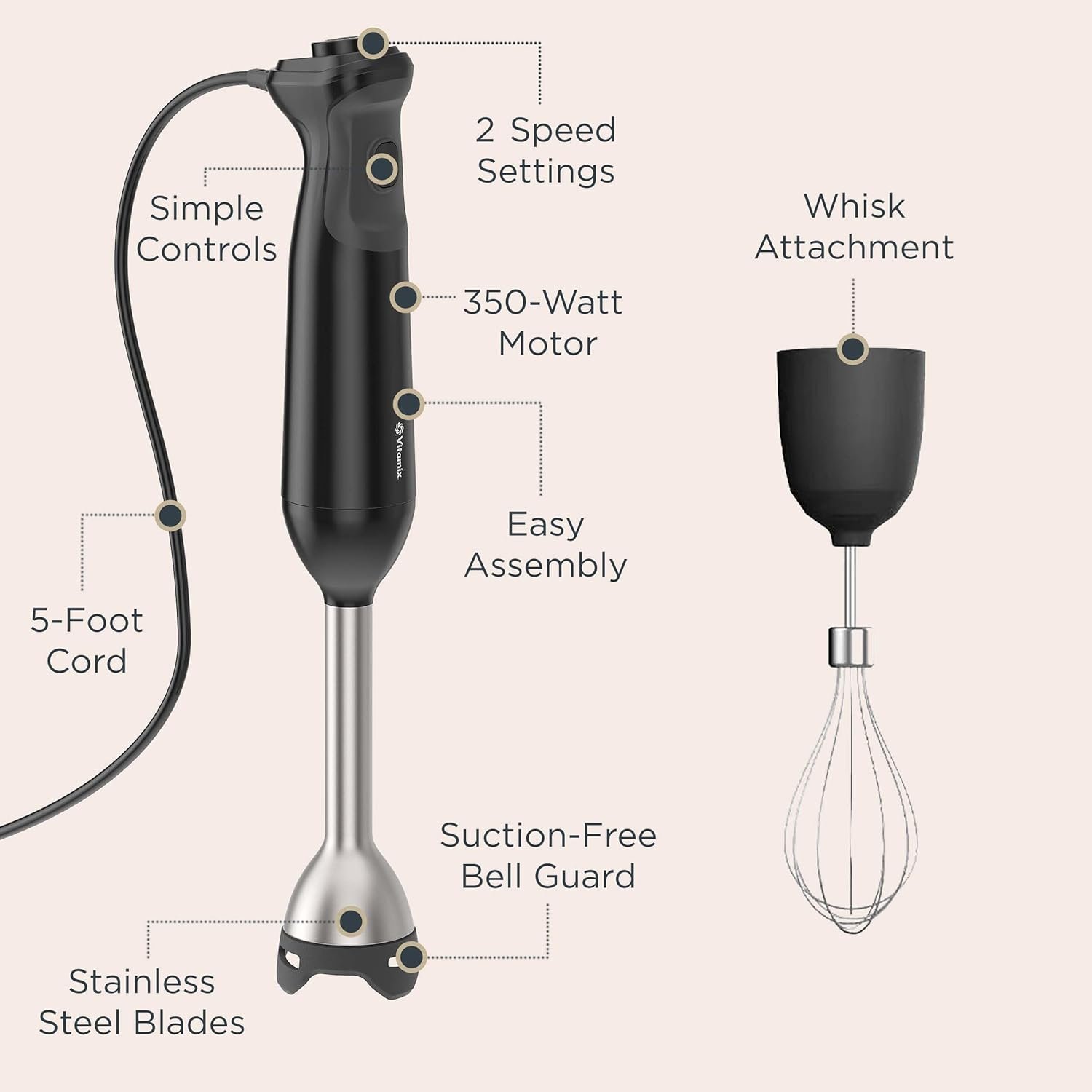 Vitamix 2-Speed Immersion Blender + Whisk Attachment, Professional-Grade Hand Blender with 350-Watt Motor and Stainless-Steel Blade, Black - Image 4