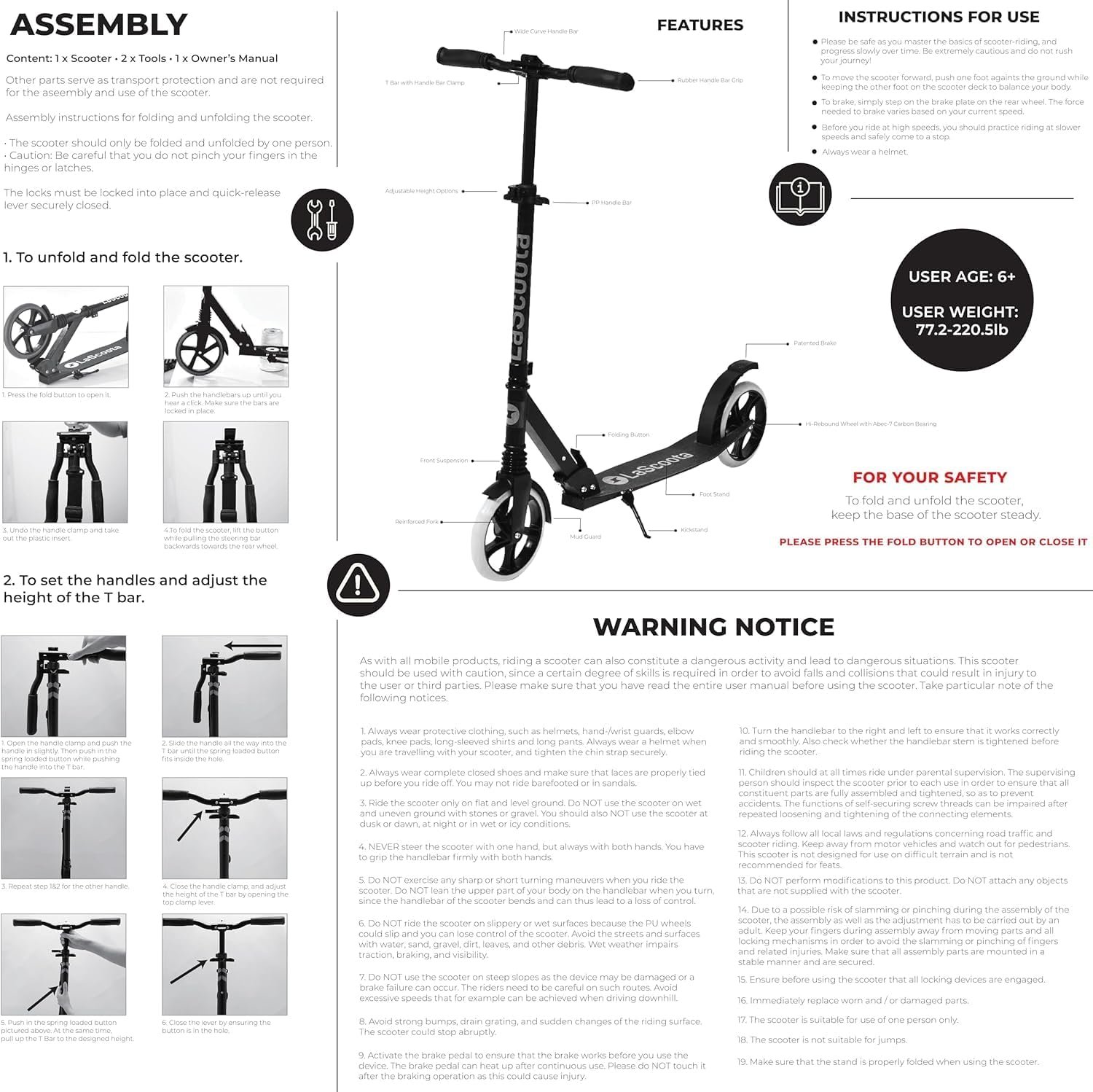LaScoota Kick Scooter for Kids Ages 6+, Teens & Adults, Large 8" Sturdy Urethane Wheels. Adjustable Handlebar, Lightweight, Foldable, 220lbs Max Load - Image 9
