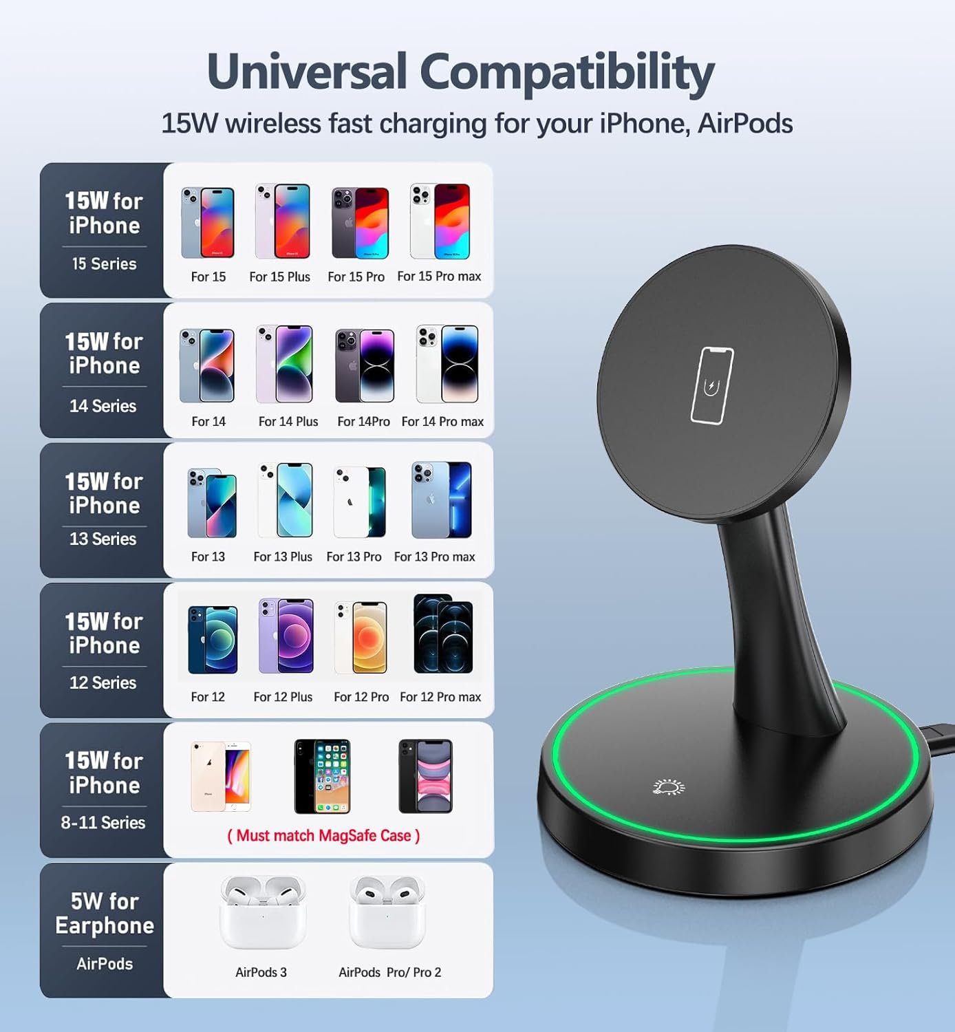 Magnetic Wireless Charger Stand 15W Fast Mag-Safe Charger for iPhone 17/17 pro/ 17 Air/ 17 pro max 16/15/14/13/12 Series Magnet Wireless Charging Station/Pad with Sleep-Friendly Light for AirPods - Image 7